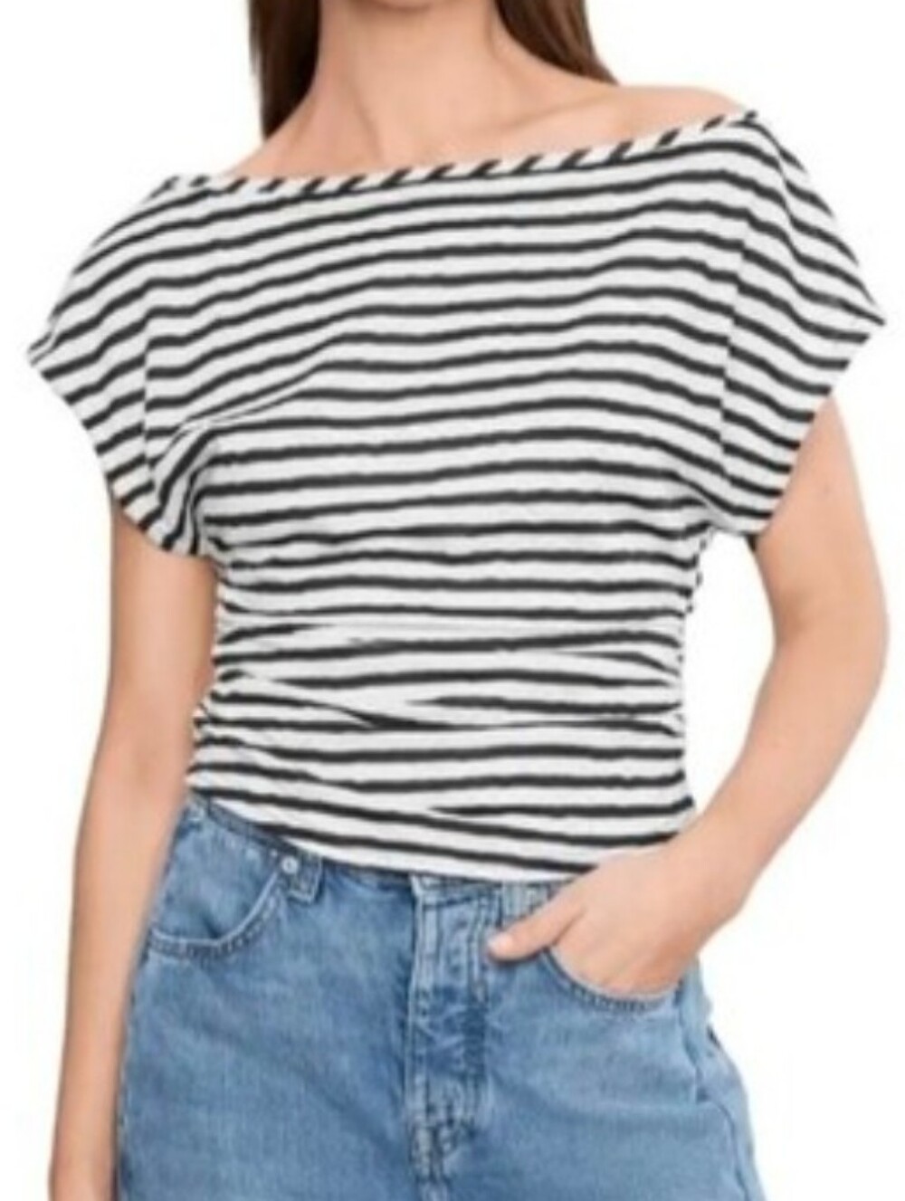 NWOT Free People Ellie Top Black & White Striped Cowl Neck Tee w/Lace Detailing